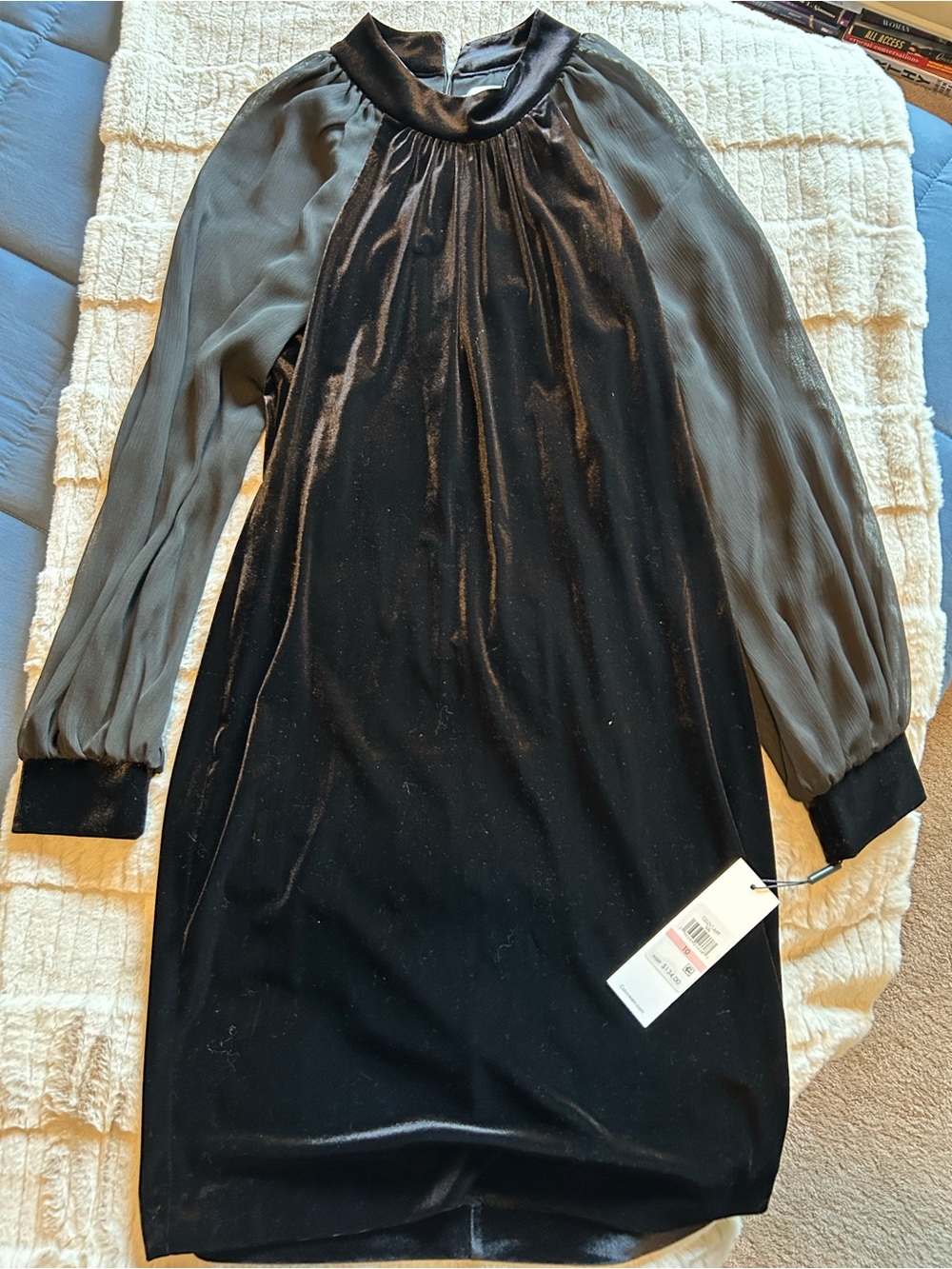 Calvin Klein Black Velvet Shift Dress with Sheer Black  Long Sleeves. Never worn